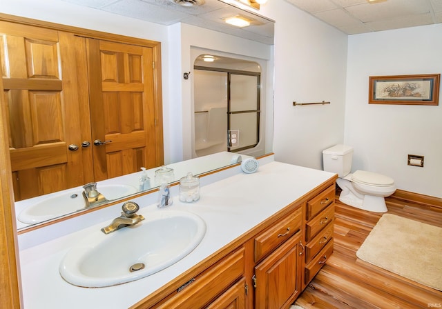 bathroom with vanity, wood-type flooring, and toilet