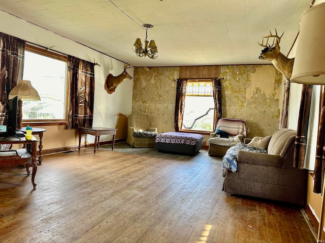 living area with a chandelier, hardwood / wood-style floors, and a healthy amount of sunlight