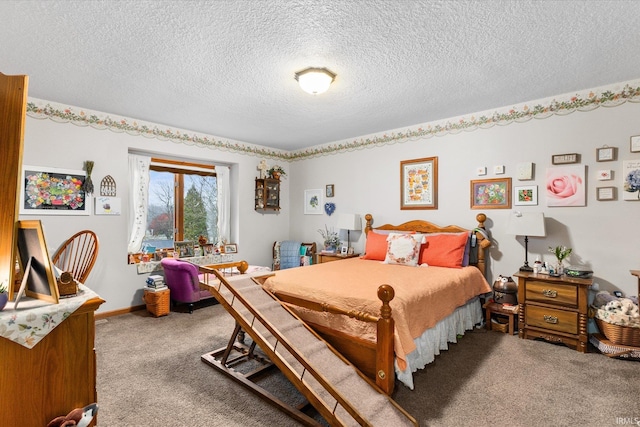 carpeted bedroom with a textured ceiling