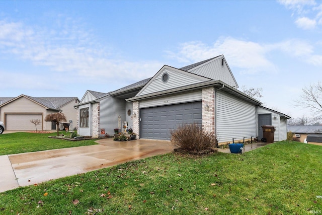 single story home featuring a front lawn and a garage