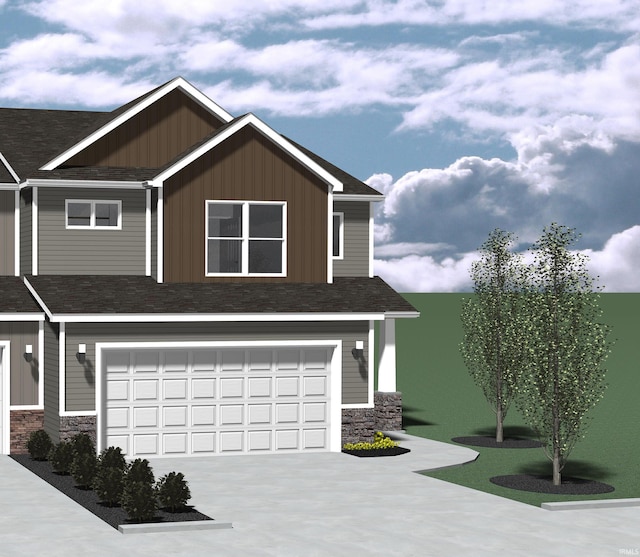 1327 W Hamilton N Rd, Fort Wayne, IN 46814 - craftsman-style house with stone siding, driveway, a garage, and board and batten siding