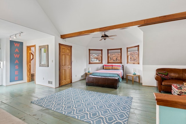 bedroom featuring high vaulted ceiling, track lighting, ceiling fan, beamed ceiling, and wood-type flooring