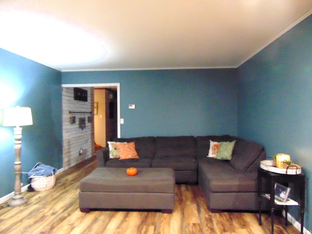 living room featuring wood-type flooring and ornamental molding