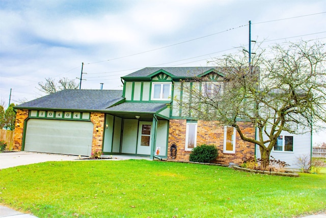 view of front of home featuring a porch, a garage, and a front lawn