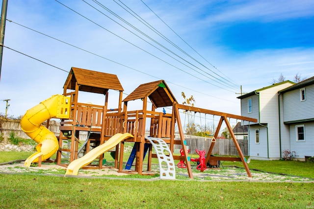 view of jungle gym featuring a yard