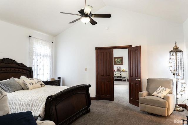 carpeted bedroom featuring ceiling fan and lofted ceiling