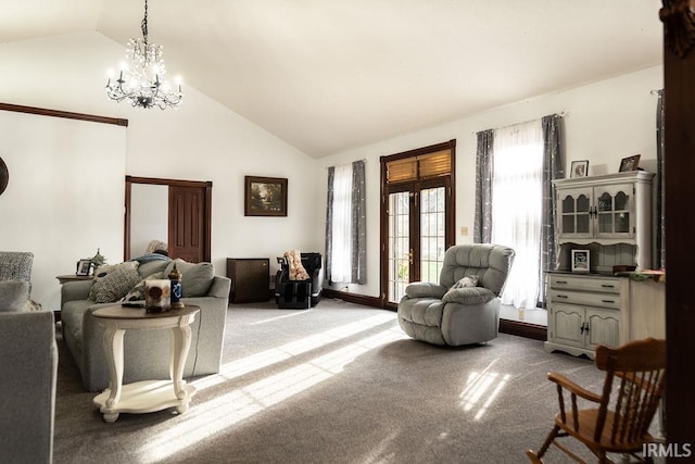 living area featuring light carpet, lofted ceiling, and an inviting chandelier