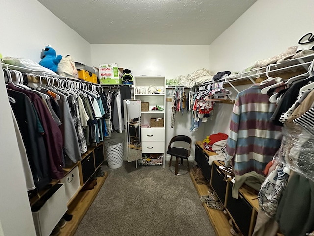 spacious closet featuring dark colored carpet