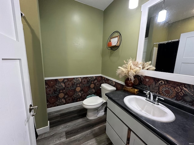 bathroom featuring hardwood / wood-style flooring, vanity, and toilet