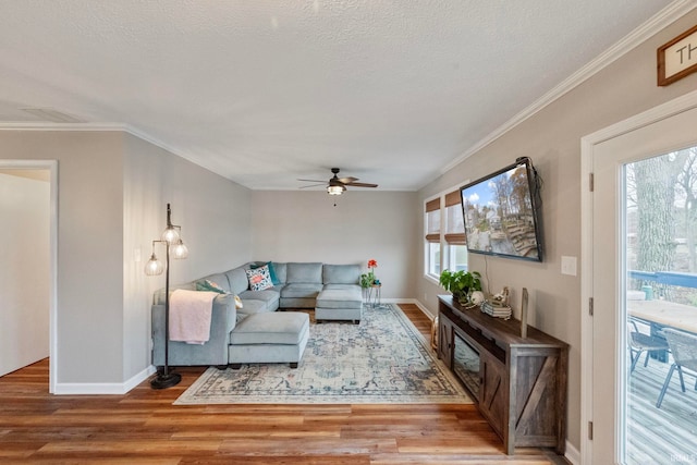 living room with wood-type flooring, a textured ceiling, ceiling fan, and ornamental molding