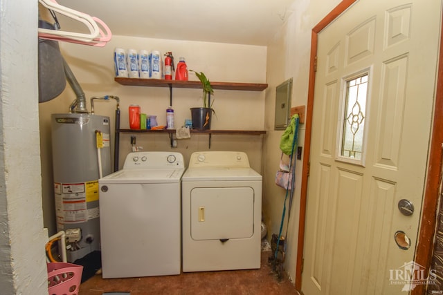 laundry area featuring separate washer and dryer, electric panel, and water heater