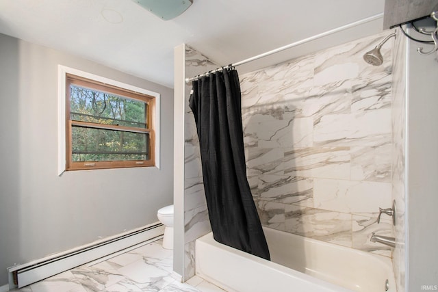 bathroom featuring shower / tub combo, toilet, and baseboard heating