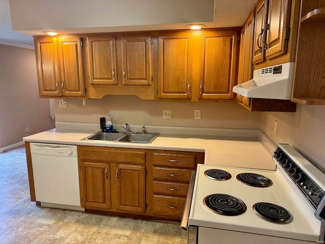 kitchen featuring white appliances, sink, and range hood