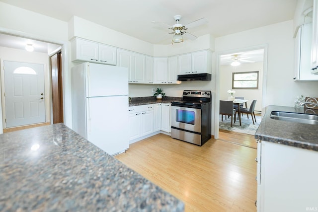 kitchen featuring stainless steel range with electric cooktop, white cabinets, white refrigerator, sink, and light hardwood / wood-style floors