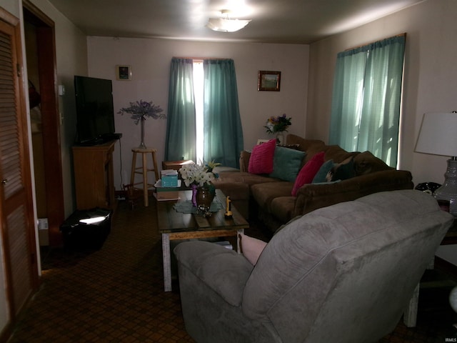 living room featuring dark carpet