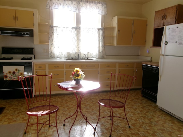 kitchen featuring white appliances, ventilation hood, and sink