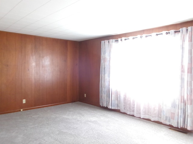 carpeted empty room with wood walls