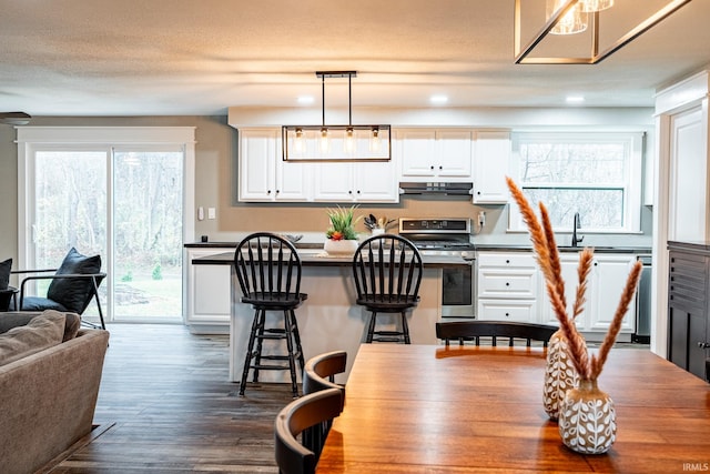 kitchen with white cabinets, dark hardwood / wood-style floors, hanging light fixtures, and stainless steel stove