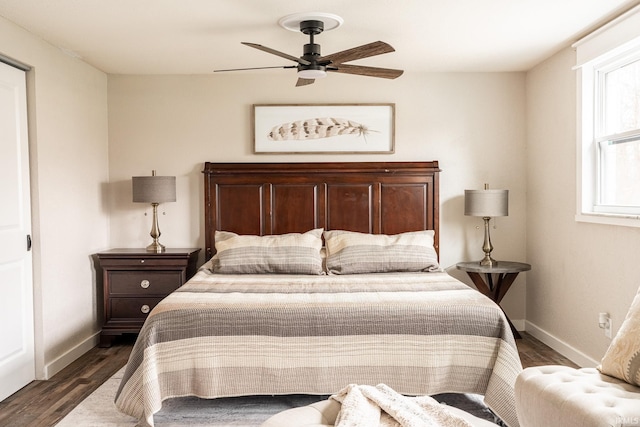 bedroom featuring ceiling fan and dark hardwood / wood-style floors