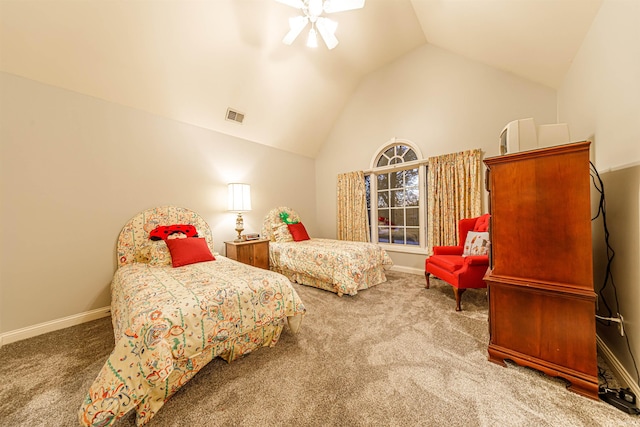 bedroom with light carpet, ceiling fan, and lofted ceiling