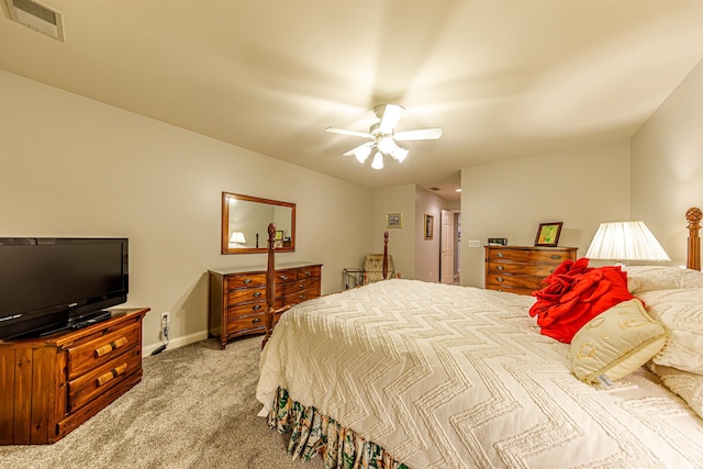 bedroom featuring ceiling fan and light colored carpet