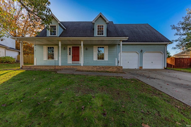 cape cod home featuring a front lawn, a porch, and a garage