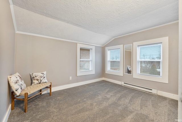 unfurnished room with carpet flooring, a textured ceiling, lofted ceiling, and a baseboard heating unit