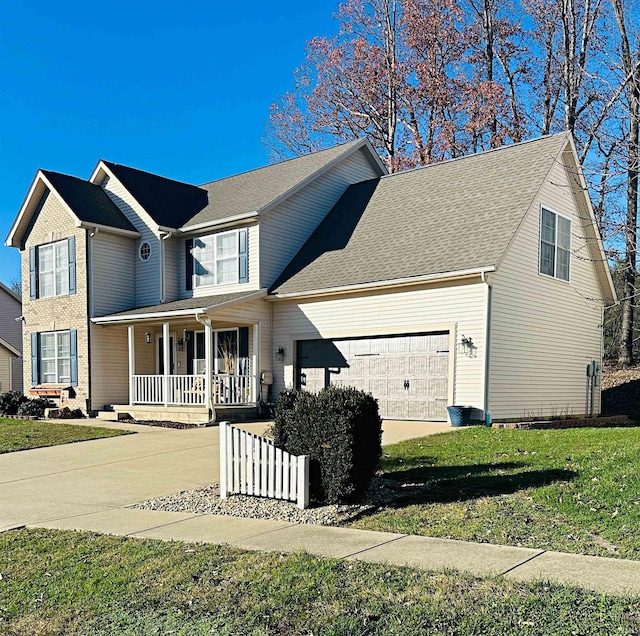 front facade with a porch, a garage, and a front yard