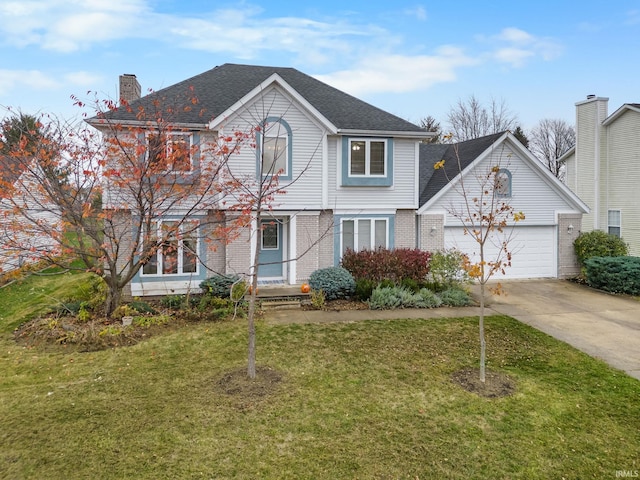 4819 Osprey Dr E, Lafayette, IN 47909 - view of front facade with driveway, a front yard, a chimney, brick siding, and an attached garage