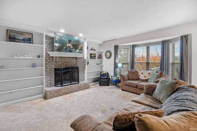 4819 Osprey Dr E, Lafayette, IN 47909 - living area featuring carpet flooring, plenty of natural light, built in shelves, a fireplace, and recessed lighting