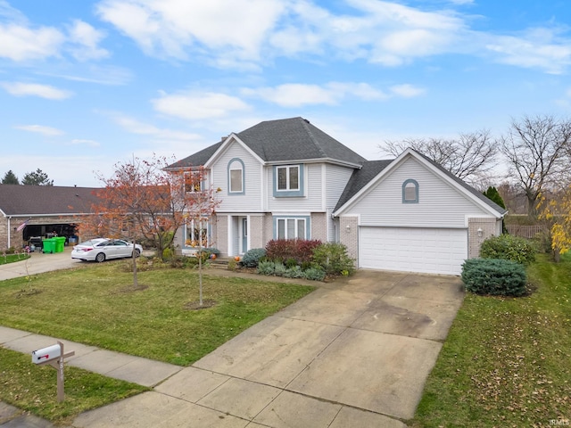 4819 Osprey Dr E, Lafayette, IN 47909 - traditional-style house with brick siding, concrete driveway, a front yard, a garage, and a shingled roof