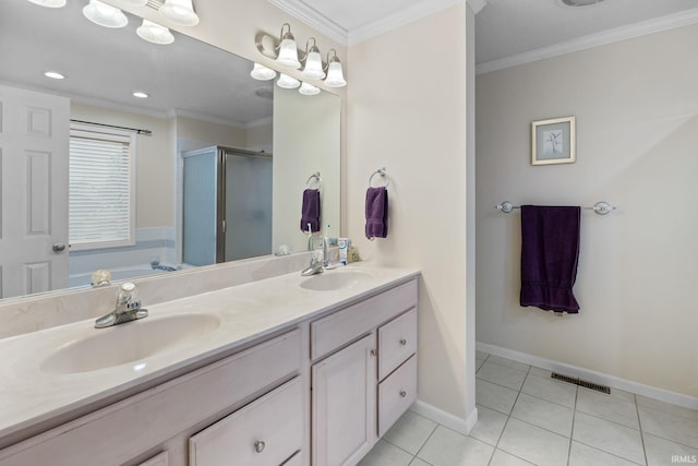 4819 Osprey Dr E, Lafayette, IN 47909 - full bathroom with a stall shower, tile patterned flooring, double vanity, ornamental molding, and a bath