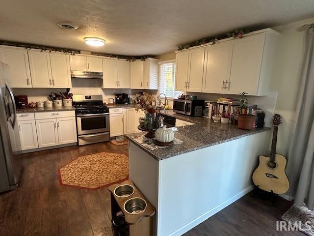 kitchen featuring white cabinetry, sink, dark wood-type flooring, stainless steel appliances, and kitchen peninsula