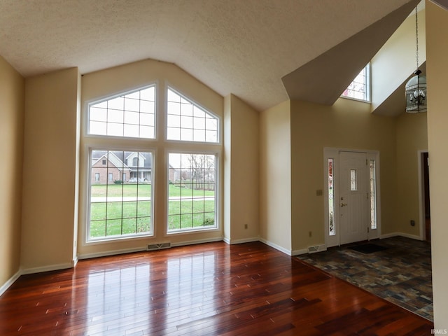 interior space featuring a textured ceiling, dark hardwood / wood-style flooring, vaulted ceiling, and plenty of natural light