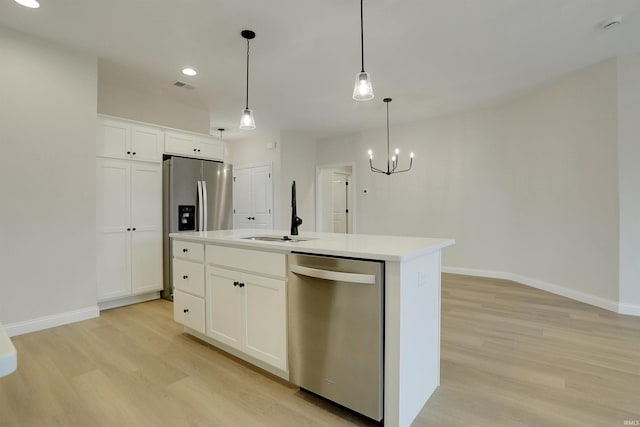 kitchen featuring pendant lighting, sink, stainless steel appliances, white cabinets, and a center island with sink