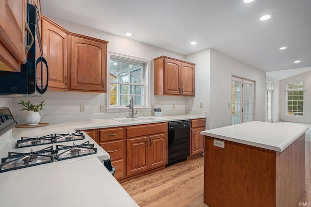 kitchen with dishwasher, light hardwood / wood-style flooring, white gas range, and sink