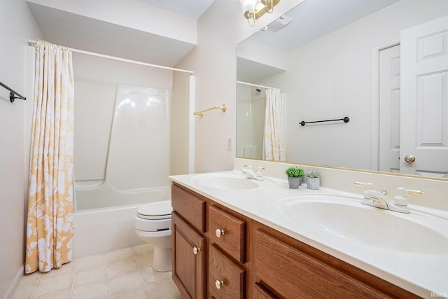 full bathroom with toilet, tile patterned floors, vanity, and shower / tub combo with curtain