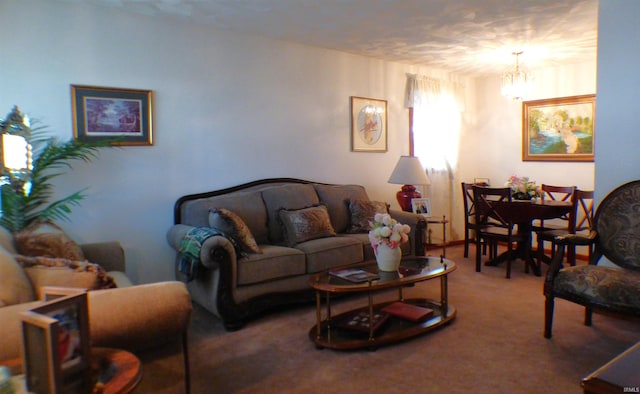 carpeted living room with a chandelier