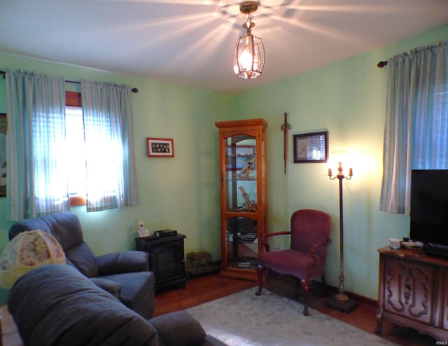 living room with hardwood / wood-style flooring and a wood stove