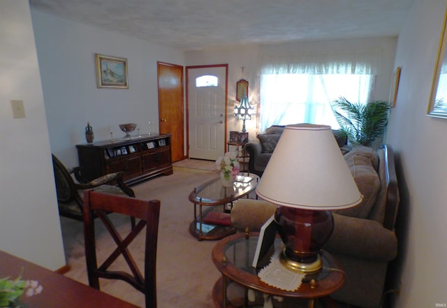 living room with light colored carpet