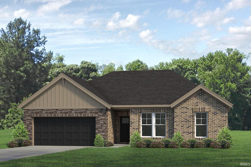 ranch-style house featuring a front yard and a garage