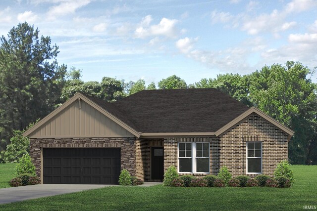 ranch-style house featuring a front yard and a garage