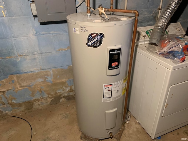 utilities with washer / dryer, electric panel, and water heater