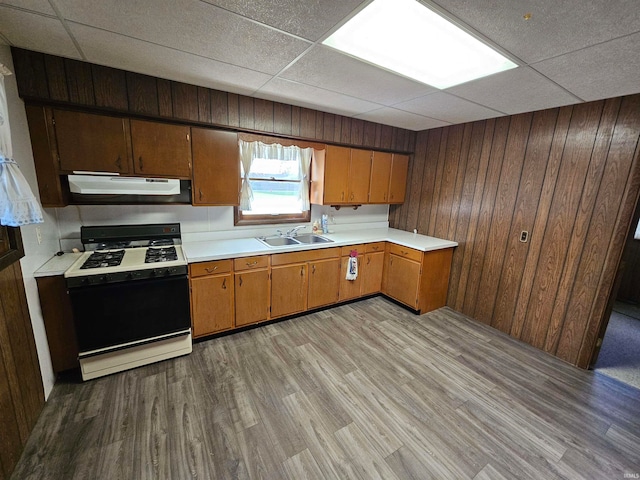 kitchen with a paneled ceiling, sink, wooden walls, gas range gas stove, and light hardwood / wood-style floors