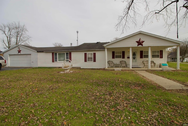 ranch-style house with a porch, a garage, and a front lawn