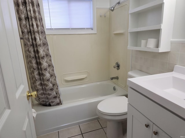 full bathroom featuring shower / bath combination with curtain, tasteful backsplash, tile patterned floors, vanity, and toilet