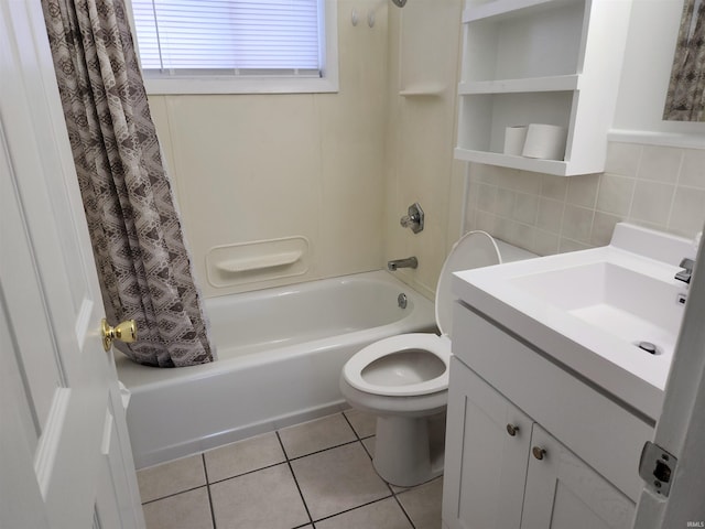 full bathroom with backsplash, tile patterned floors, toilet, shower / bath combo with shower curtain, and vanity