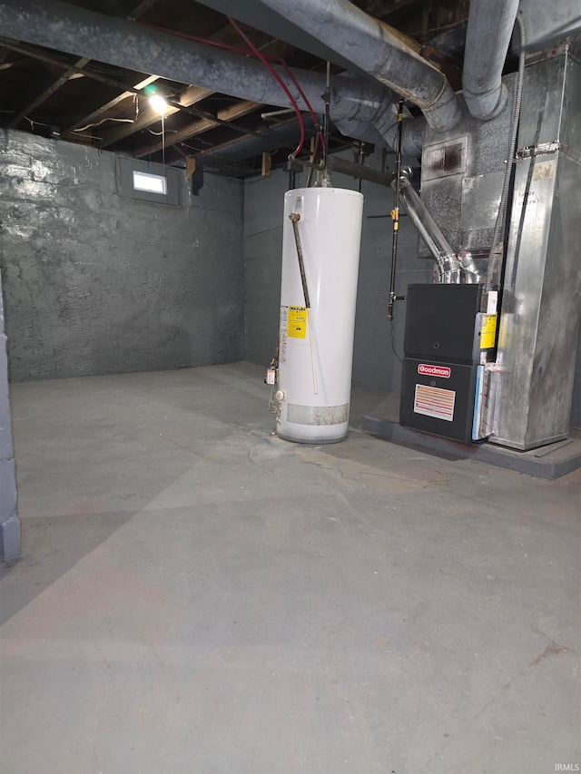 basement with heating unit and water heater