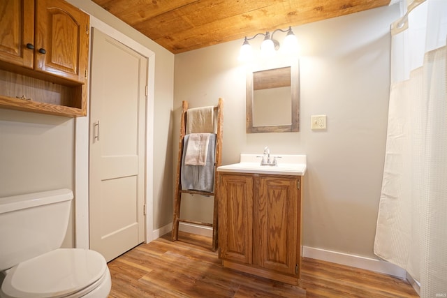 bathroom featuring hardwood / wood-style floors, vanity, toilet, and wooden ceiling