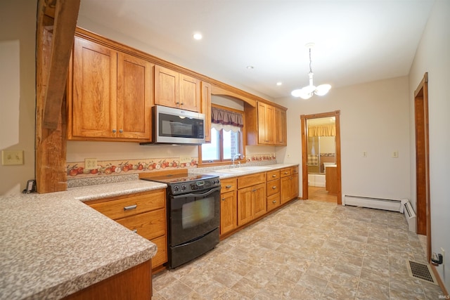 kitchen featuring an inviting chandelier, sink, hanging light fixtures, electric range, and a baseboard radiator